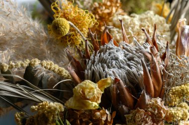 Kurumuş çiçeklerin yakın plan kompozisyonu.