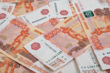 5000 ruble arkaplan. Rus banknotları farklı açılarda.