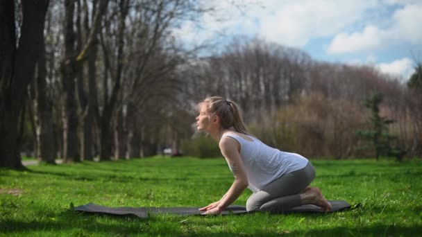 Yoga praktijk en meditatie buiten. Meisje in het park — Stockvideo