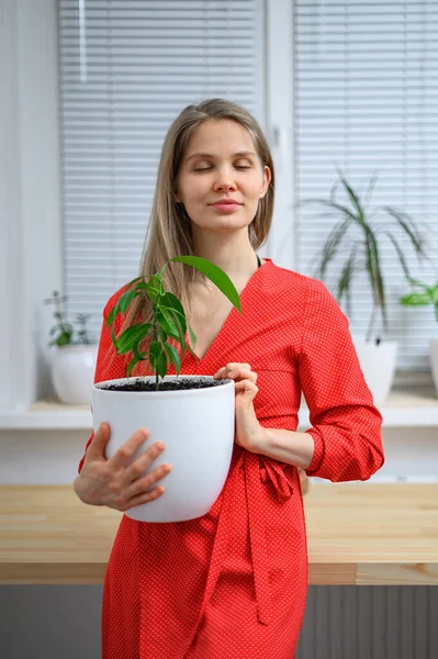 Girl transplanting plants at home in white pots — Stock Photo, Image