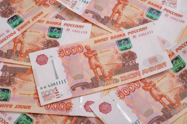 5000 ruble arkaplan. Rus banknotları farklı açılarda.