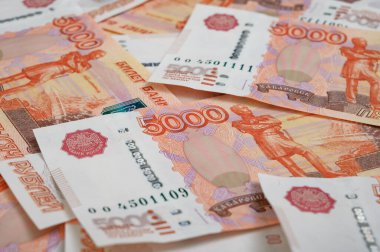 5000 ruble arkaplan. Rus banknotları farklı açılarda.