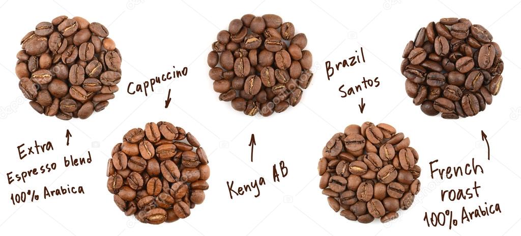Collection of roasted coffee beans. name coffees