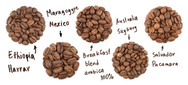 Kavrulmuş kahve çekirdekleri topluluğu. adı kahve