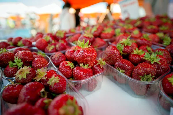 Fresh red strawberries arranged in baskets ready for sale at marketplace. Shallow depth of field. — Stock Photo, Image