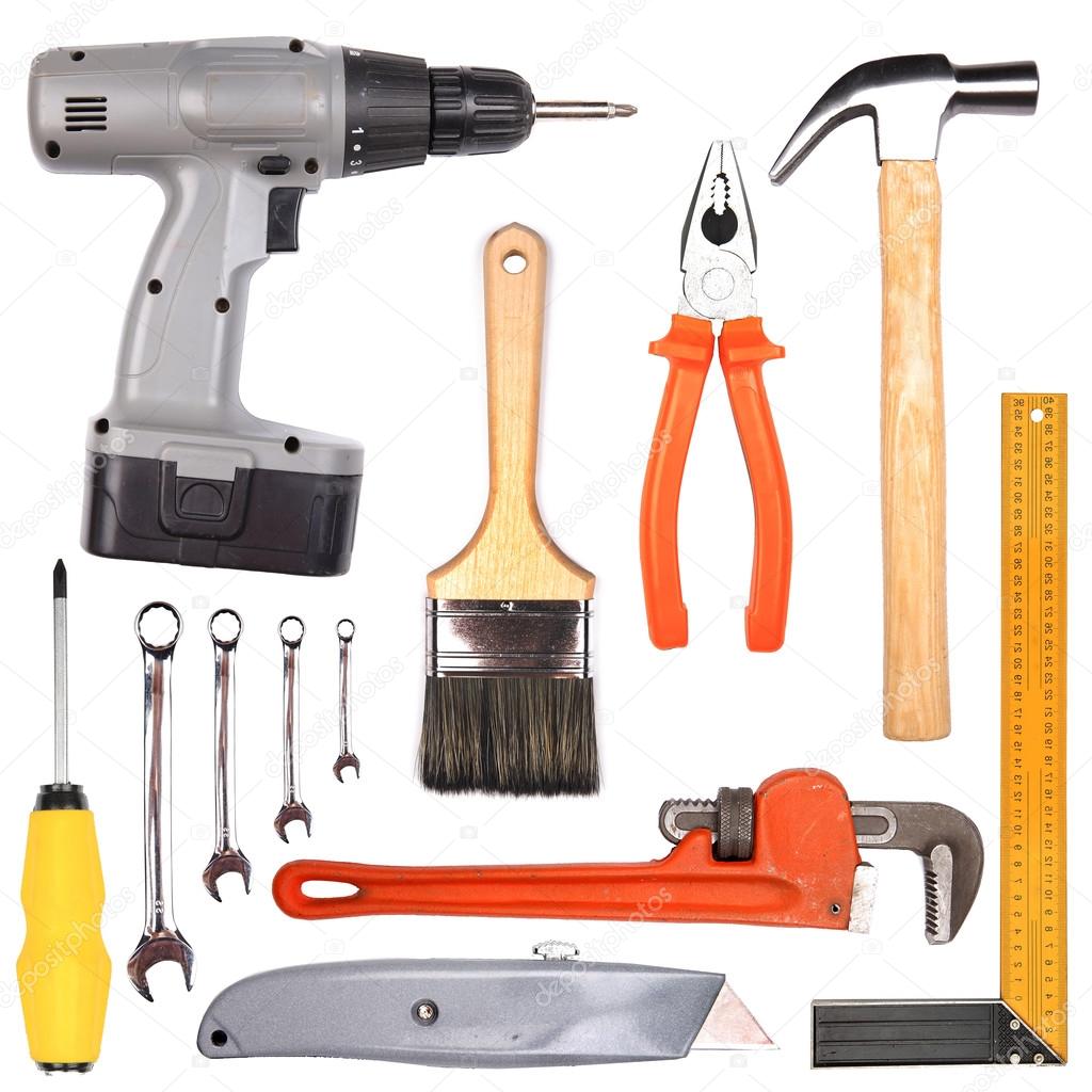 Different tools collage isolated on white background 