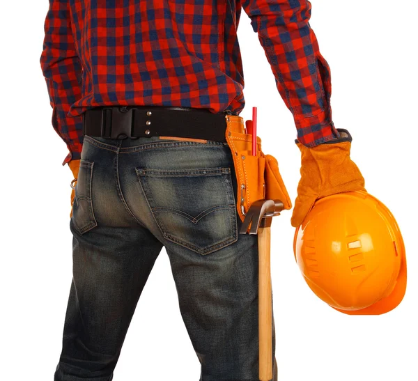 Arkadan erkek mühendis ayakta beyaz izole görünüşü