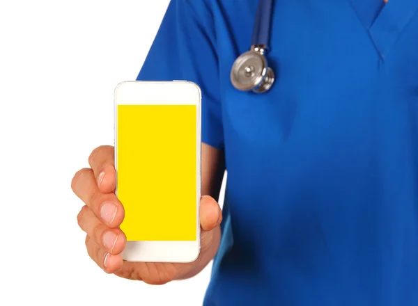 View of a Professional Doctor handing a blank smartphone isolate — Stock Photo, Image