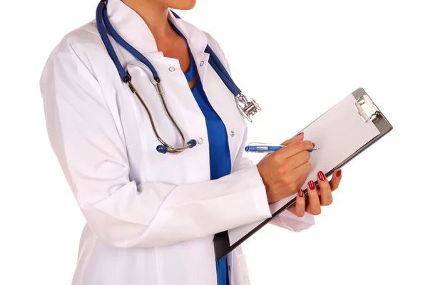 Doctor holding clipboard with sheet of paper  isolated over whit Stock Image