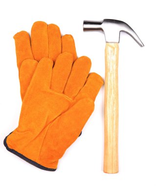 Beyaz bir arka plan üzerinde izole eldivenler ile çekiç