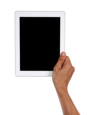 Beyaz arka plan üzerinde izole tablet tutan el