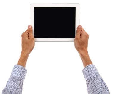 Beyaz arka plan üzerinde izole iki el holding tablet