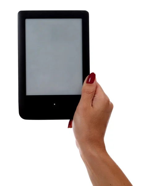 Hand holding e-book reader isolated on white background — Stock Photo, Image