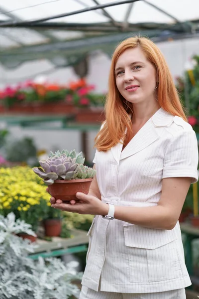 Portrait woman entrepreneur holding pot with flowers — Stock Photo, Image