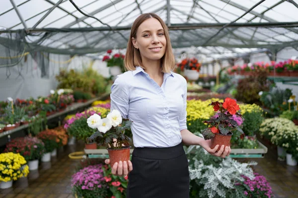 Portrét žena podnikatel drží dva hrnce s květinami — Stock fotografie