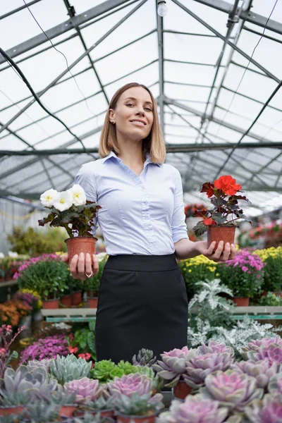 Portrét žena podnikatel drží dva hrnce s květinami — Stock fotografie
