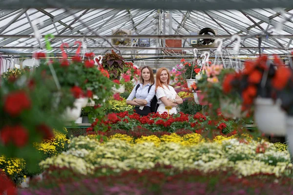 Usmívající se dámy pózující mezi květinami — Stock fotografie