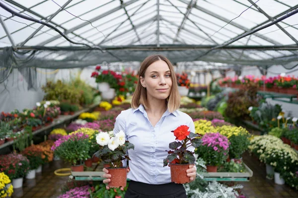 Portrét žena podnikatel drží dva hrnce s květinami — Stock fotografie