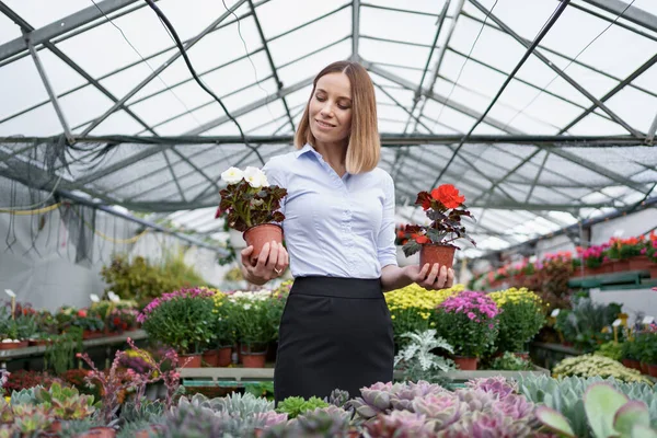 Portrét žena podnikatel drží dva hrnce s květinami — Stock fotografie