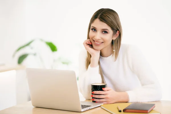 Sorrindo mulher caucasiana trabalhando no laptop — Fotografia de Stock