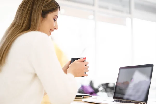 Mujer joven en la cafetería con computadora portátil y café con leche — Foto de Stock