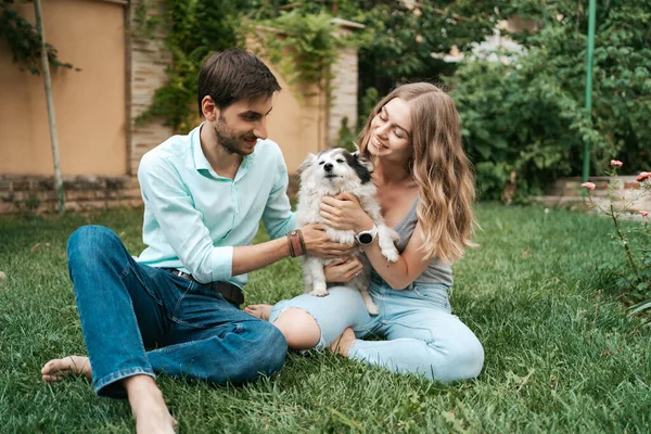 Hermosa pareja con un perro en la hierba — Foto de Stock