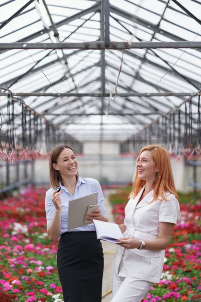 Dvě obchodní ženy vedou rozhovor při návštěvě skleníku — Stock fotografie