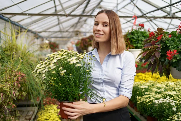 Portrét žena podnikatel držení hrnce s květinami — Stock fotografie