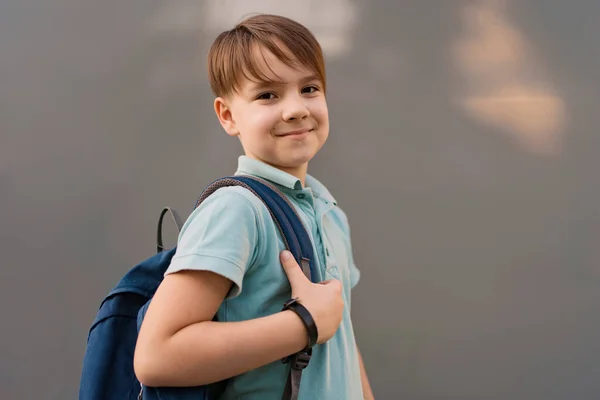 Iskolás fiú hátizsákot pózol — Stock Fotó