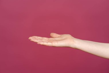 Boş kadın eli pembe üzerinde izole edilmiş.