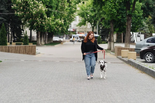 Kobieta spacerująca, dyskutująca i bawiąca się swoim dalmatyńskim zwierzakiem w mieście — Zdjęcie stockowe