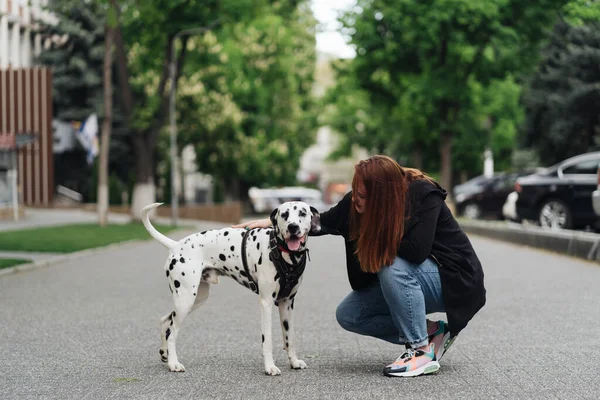 Mulher discutindo e treinando seu animal de estimação dálmata na cidade — Fotografia de Stock