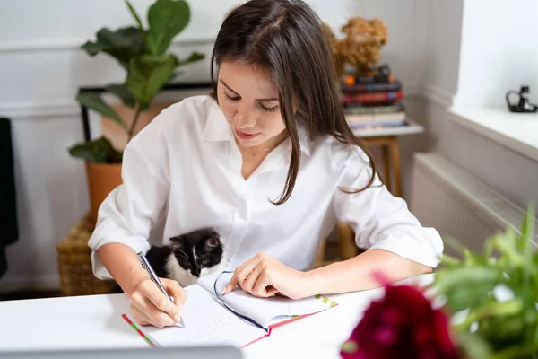 Zakenvrouw werken op laptop computer thuis zitten en het beheer van haar bedrijf via het thuiskantoor — Stockfoto