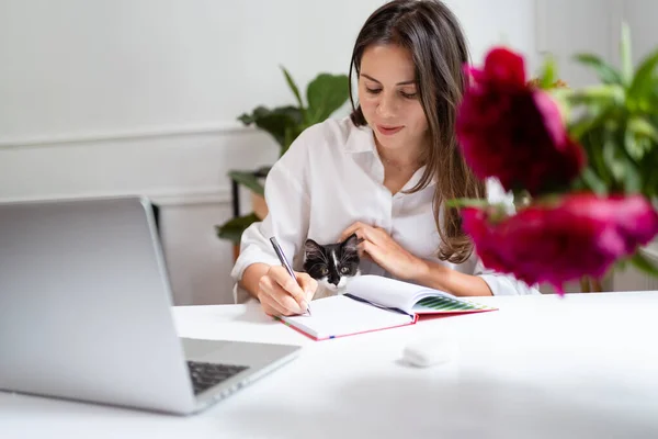 Femme d'affaires travaillant sur ordinateur portable assis à la maison et la gestion de son entreprise via le bureau à domicile — Photo