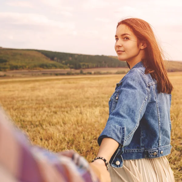 Landscape portrait of young beautiful stylish couple sensual and — Stock Photo, Image