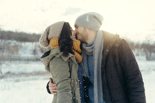 Bir kış günü yürüyüş genç Çift