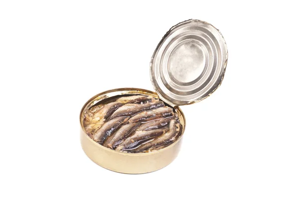 Open can sprat isolated on white — Stockfoto