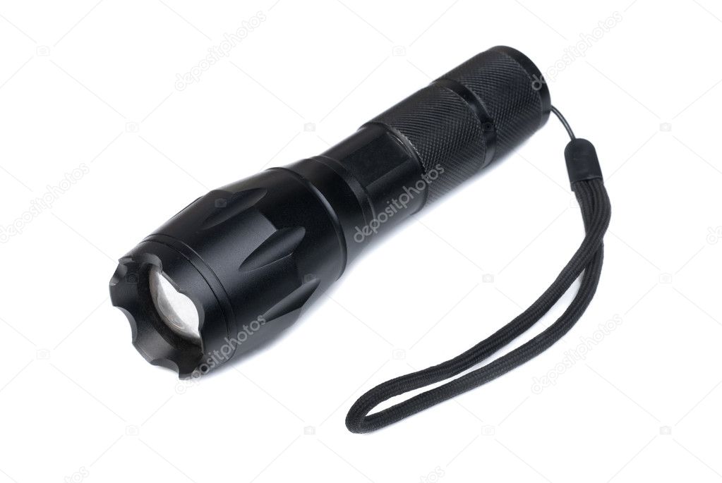 Black metal flashlight. Isolated on white background 