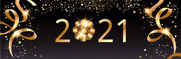 2021年新年快乐 节日和优雅的矢量横幅与金色字母与鞠躬和闪亮的缎带 — 图库矢量图片