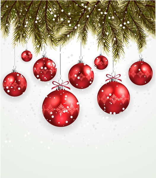 Rami di albero di Natale con palline di Natale rosse — Vettoriale Stock