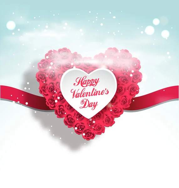 Corazón de San Valentín hecho de rosas con cinta rosa — Archivo Imágenes Vectoriales