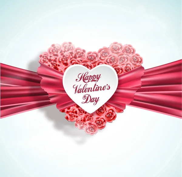 Corazón de San Valentín hecho de rosas con cinta rosa — Vector de stock