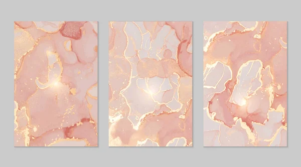 Roze, koraal en goud marmer abstracte achtergronden set — Stockvector