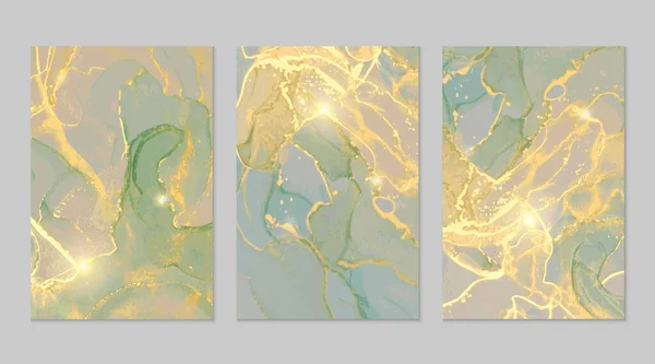 Grün-grau und Gold Marmor abstrakte Hintergründe gesetzt — Stockvektor
