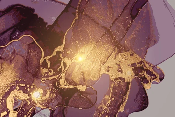 紫と金の大理石の抽象的なパターン。アルコールインク技術 — ストックベクタ