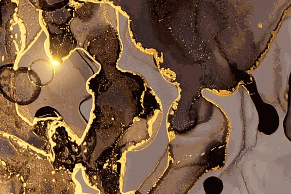 Zwart, geel en goud marmer abstract patroon. Alcoholinkttechniek — Stockvector