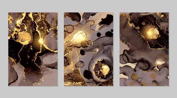 Set aus abstrakten Flyern aus schwarzem, grauem und goldenem Marmor. Technik der Alkoholtinte — Stockvektor