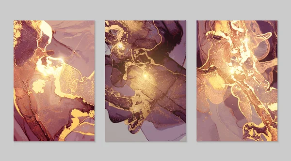 Uppsättning guld- och mörklila affischer med geod. Marmor abstrakt mönster. Alkoholfärgsteknik — Stock vektor