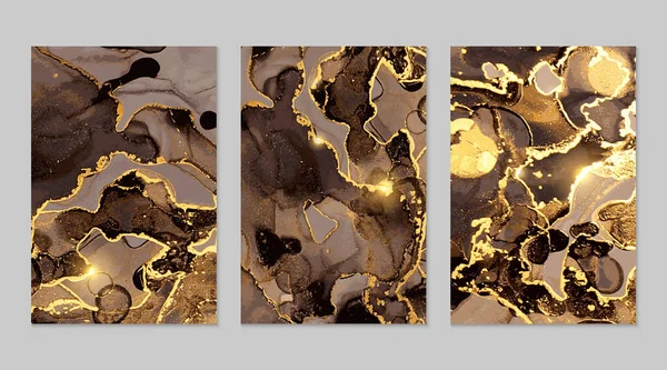 Conjunto de carteles dorados y negros con geoda. Patrón abstracto de mármol. Técnica de tinta de alcohol — Vector de stock