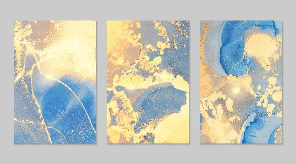 Conjunto de modelos para banner, design de cartaz com padrão de mármore azul marinho e dourado — Vetor de Stock